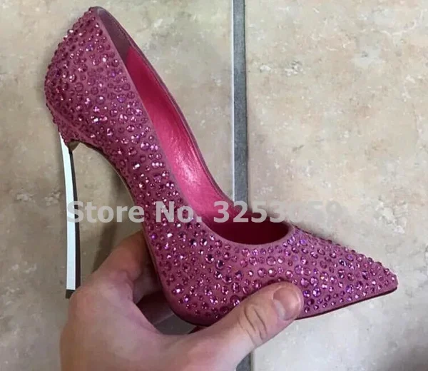ALMUDENA Rood Groen Bling Bling Kristallen Trouwschoenen Metalen Dunne Hak Glinsterende Strass Bruidspompen Stiletto Hakken Dropship