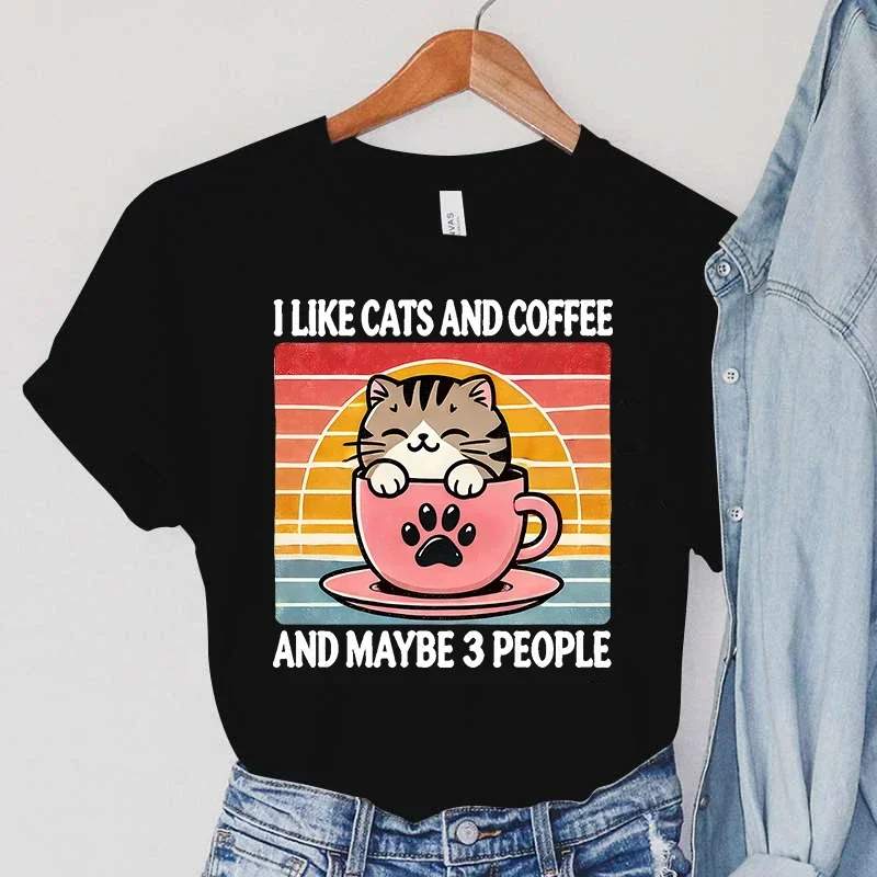 

Cat I Like Cats And Coffee And Maybe 3 People Print T-Shirt Women Summer Casual Short Sleeve Round Neck Tops Fashion T-Shirt