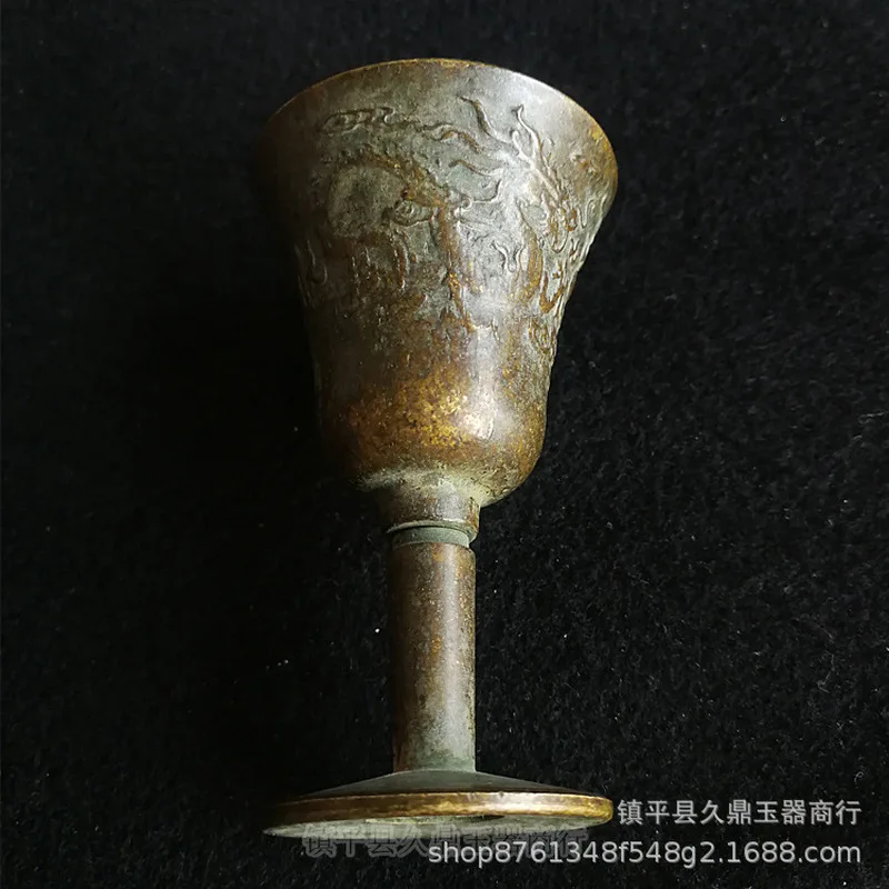 Bronze ware: Dragon phoenix patterned tall-footed wine cup, small decorative piece for collection and appreciation