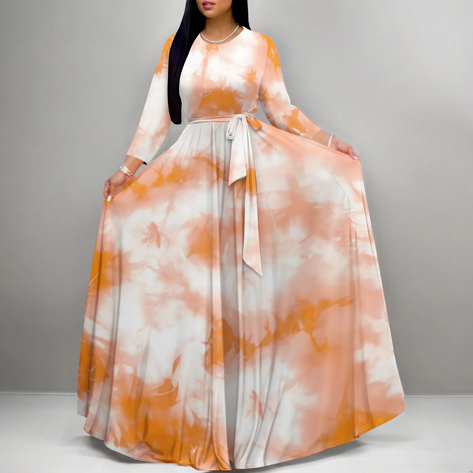 

EQQZD Gorgeous Round-Neck Maxi Dress for Women, Casual Long Sleeve Tie-Dye Print Dress with Pocket & Belt