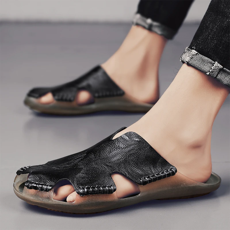 Men Slippers Genuine Leather Summer Men Shoes Soft  Breathable Leather Sandals Men Flat Slippers Comfortable Non-slip Slippers