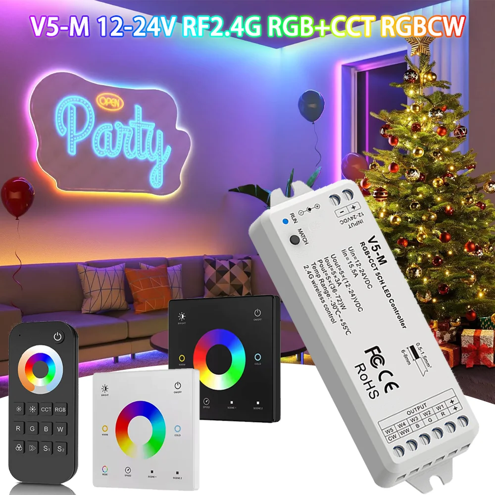 2.4GRF LED Controller Dimmer 12V 24V RGBCCT LED Controller Glass Wall Mounted Touch Panel Remote Control RGBCCT LED Strip Light