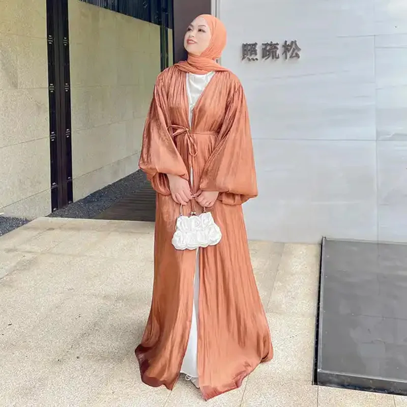 Elegant Satin Shiny Women Muslim Open Abaya Summer Long Maxi Dress Hijab Turkey Arab Kaftan Islam Eid Ramadan Dubai Gown Caftan