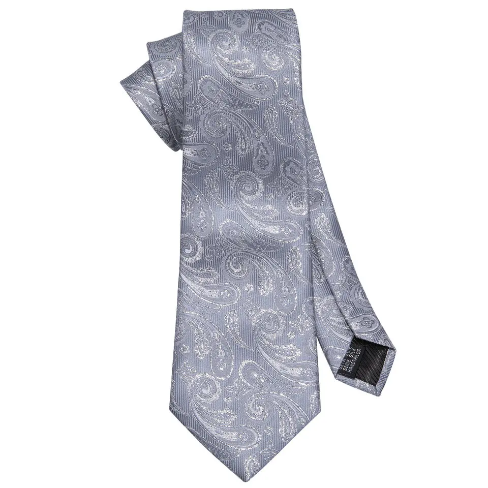 مجموعة أزرار أكمام مربعة للجيب وربطة عنق فاخرة للرجال بيزلي فضي للرجال هدية لحفلات الزفاف وحفلات الأعمال