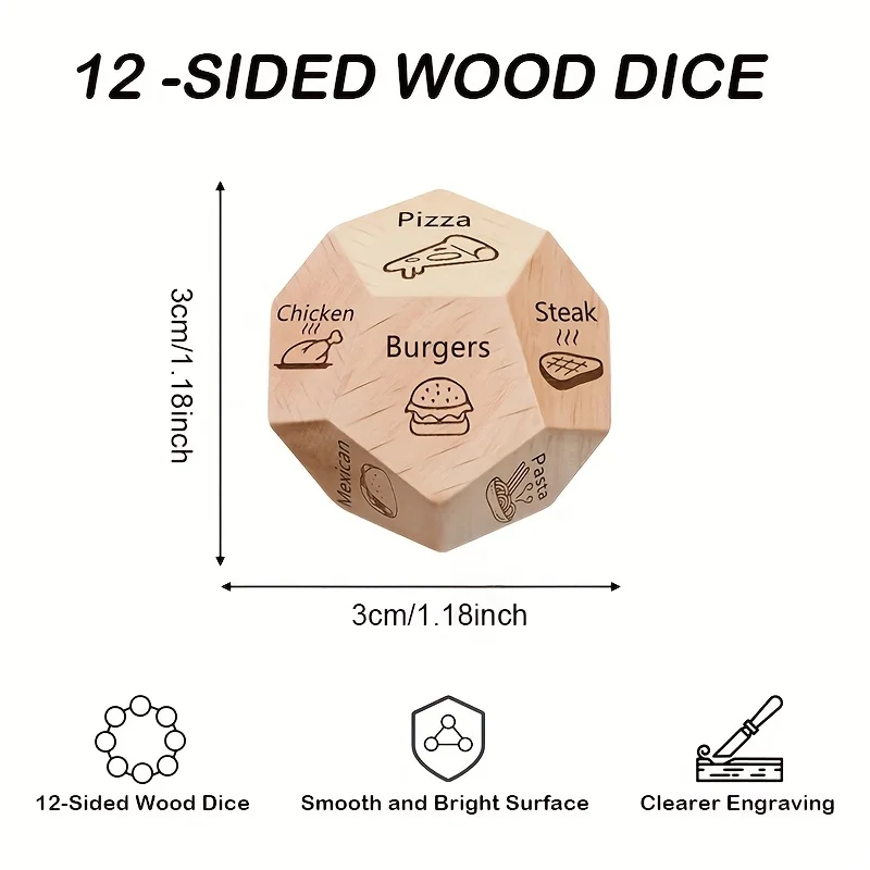 1pc Wood Dice Suitable for Valentines Day Gifts, Date Night Games & Couples Board - Twelve-Sided D12 Dice with Original Wood Grain for RPGs, Tabletop Role-Playing Games, and Activities - Detail 1