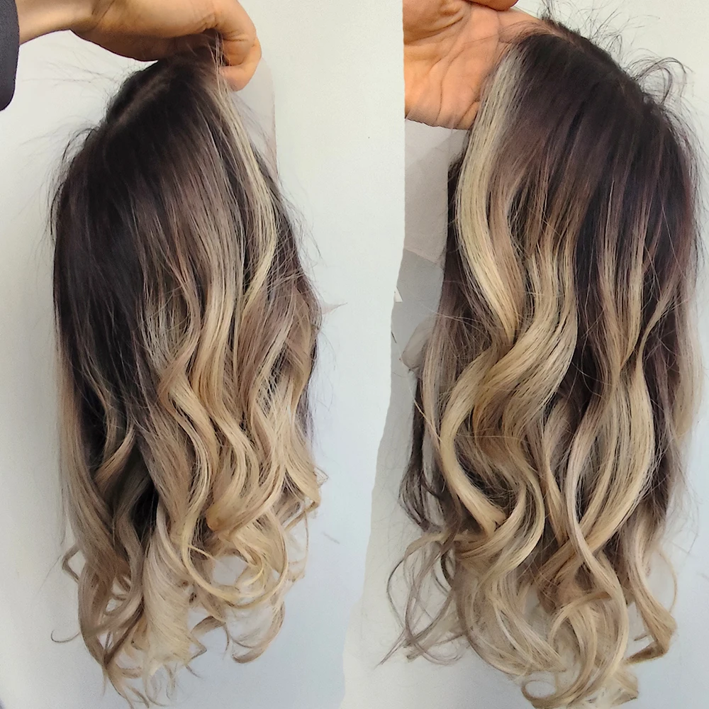 6x7 Lace Base Human Hair Topper Ombre Blonde Wavy Remy Hair Piece Breathable Lace Clip-in Hair Topper for Women Thinning Hair