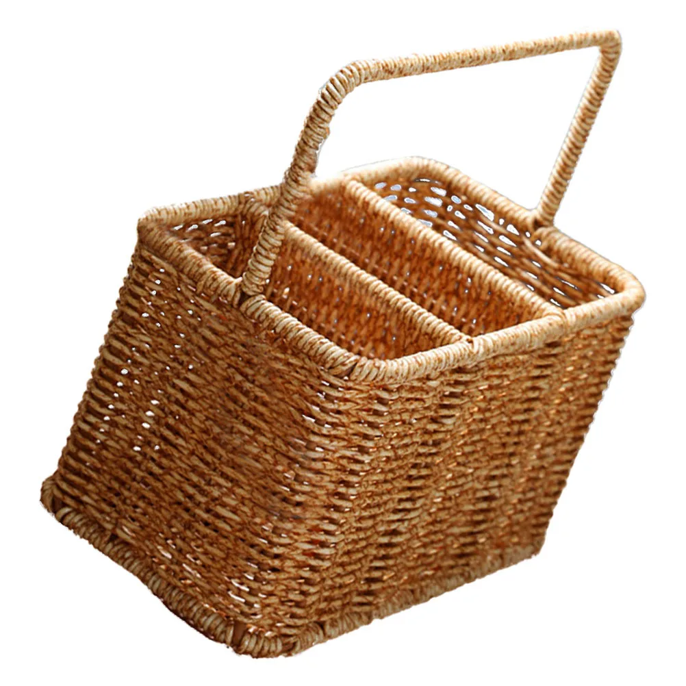 

Kitchen Storage Box with Divided Compartments Woven Cutlery Organizer for Tableware Portable Utensil Holder Decorative Desktop