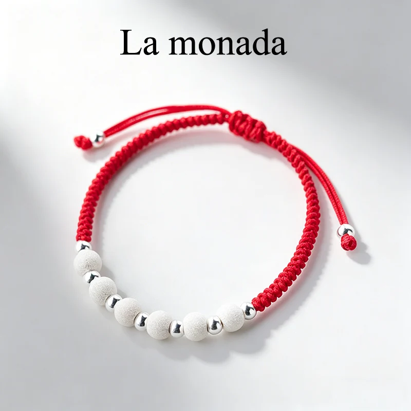 925 Sterling Silver Red Braided Rope Bracelet Adjustable 17-25cm Handwoven Frosted Bead String Minimalist Fine Jewelry for Ladie