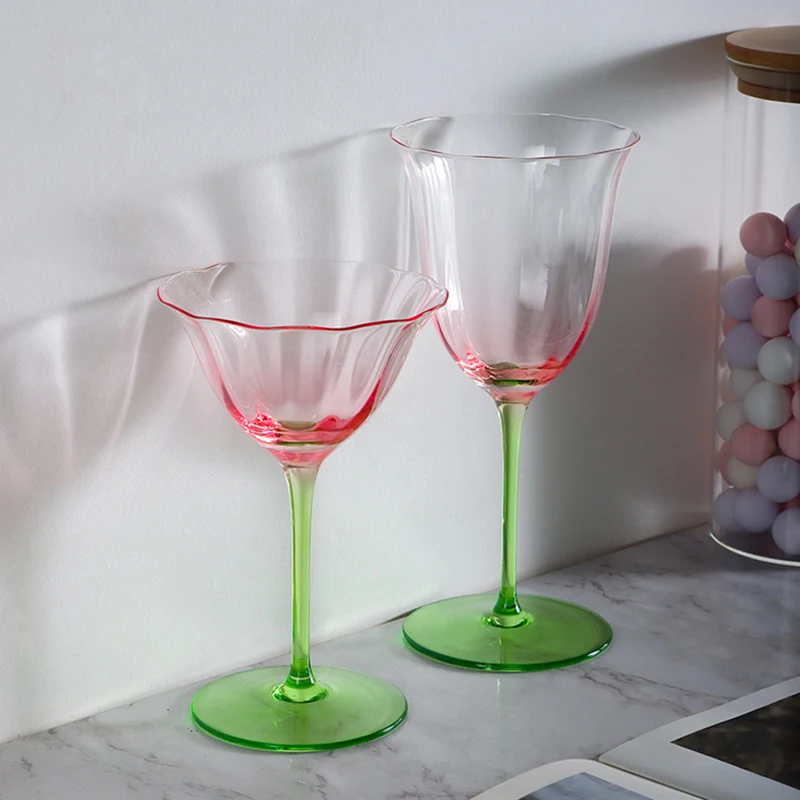 Household Luxury Retro Flower Red Wine Goblet Crystal Glass Pink Green Champagne Cup Cocktail Cup Martini Cup