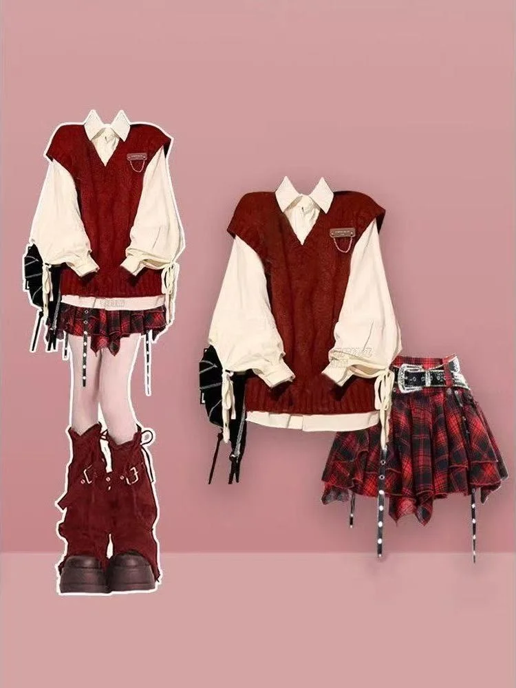 

2025 Autumn Fashion Knitted V-Neck Sweater Vest And Shirt Two-Piece Set for Women College Style Inner Wear Red Twist