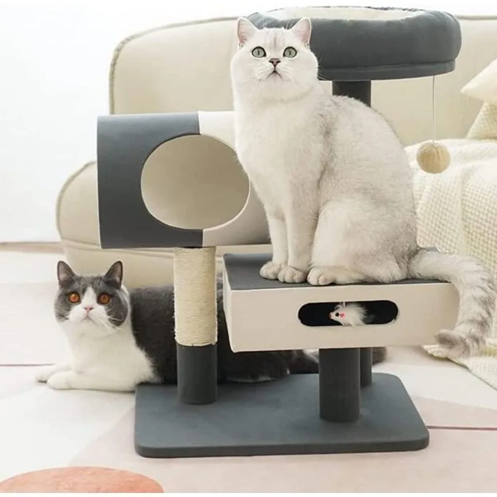 Contemporary Cat Tower with Multiple Levels, Scratching Board, and Jumping Platforms