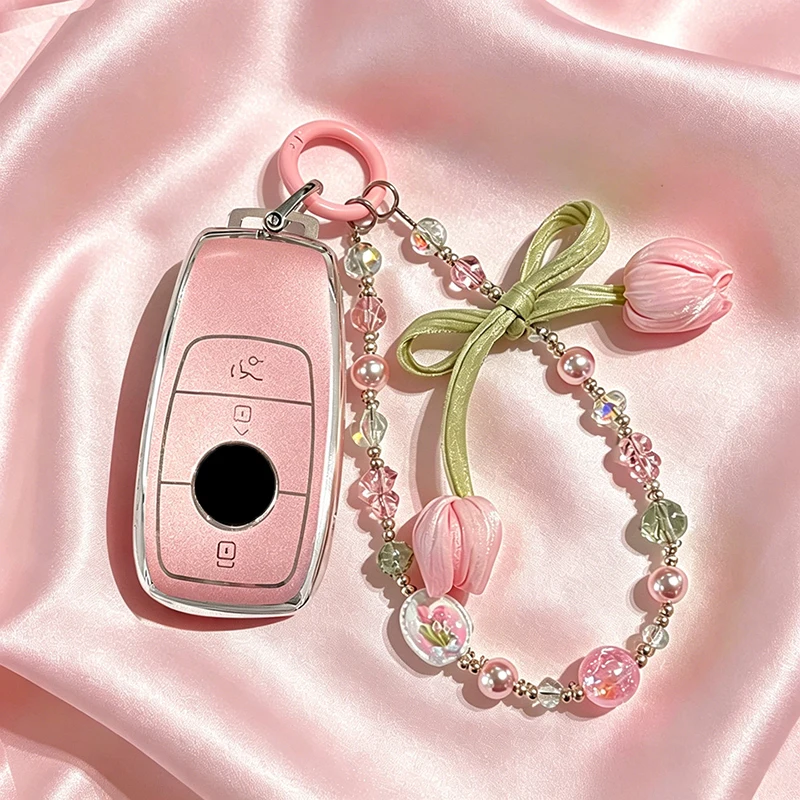 Pink Fresh Flowers TPU for Mercedes Benz A C E S G Class GLC CLE CLA GLB GLS W177 W205 W213 W222 X167 AMG Car Key Case Cover Fob