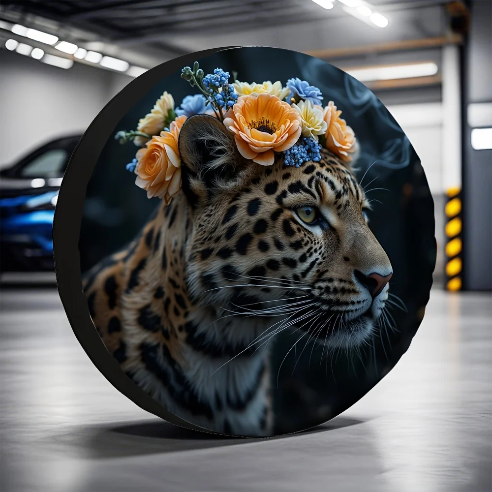 1pc Leopard Floral Crown Tire Cover - 2D Flat Printing, Regal Attire Polyester Fabric, No Electricity Needed, Fit For Off-Road V
