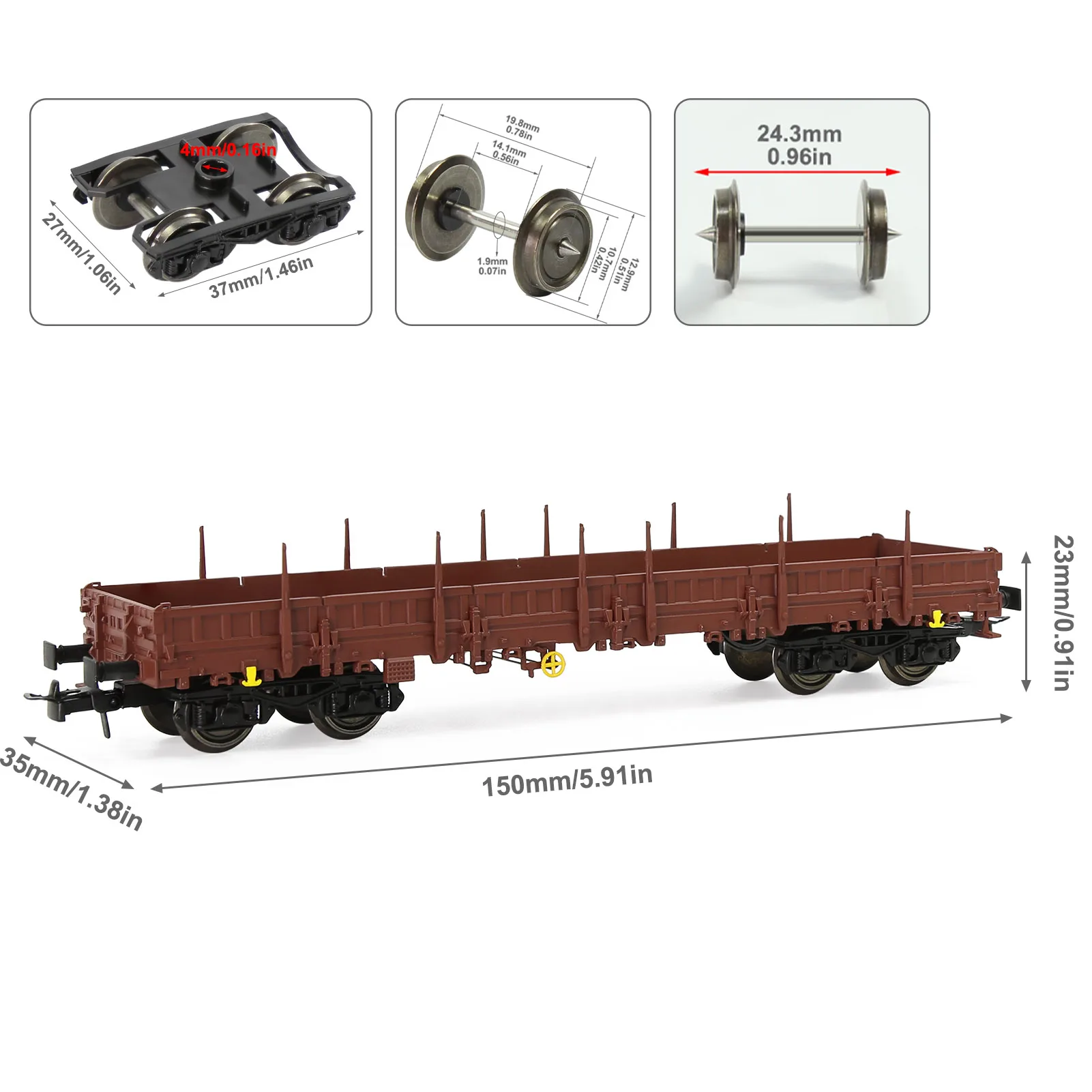 1 Unit Evemodel Trains - Painted Brown HO Scale 40' Low-side Car Model Wagon with Metal Wheels C8764