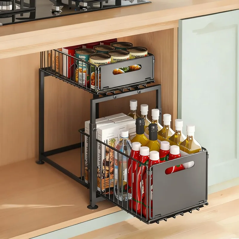 Under Sink Pull Out Drawer Rack Telescopic Storage Basket Kitchen Cabinet Spice Organizer
