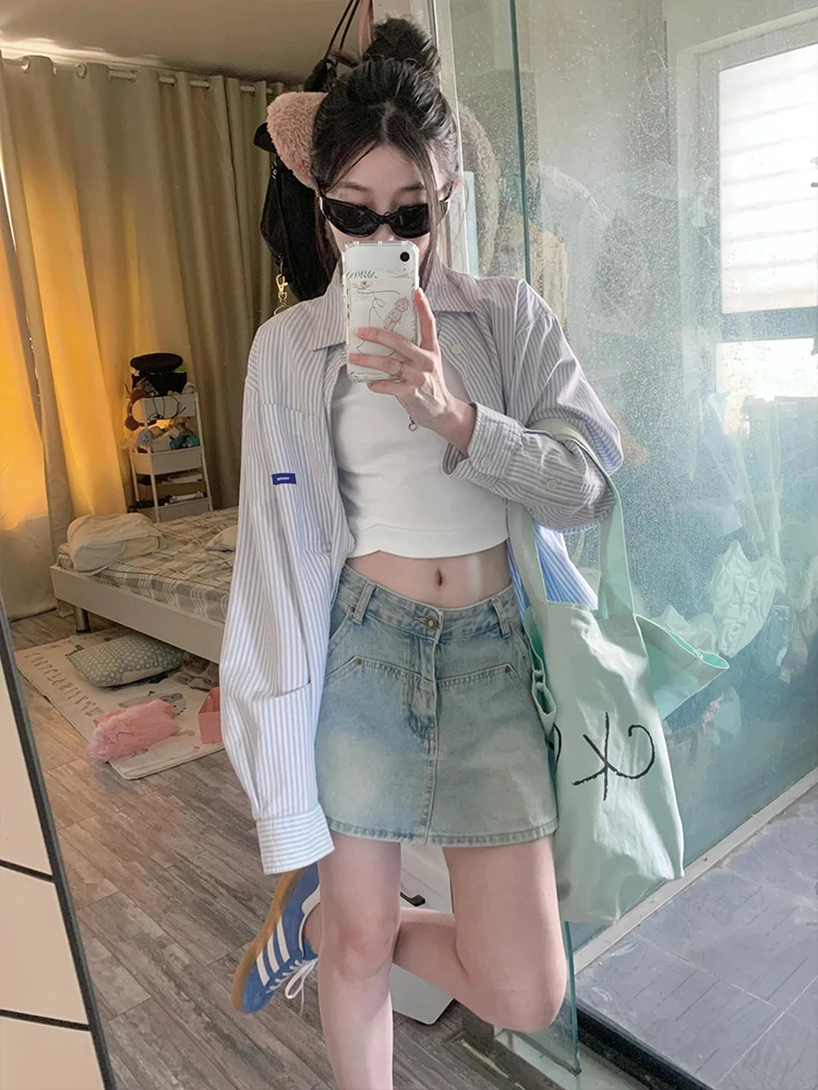 

Blue Striped Collar irt Jaet Women's Summer 2024 New Lazy Sun Protection Thin Chic Top Korean Sle Loose Fit Long S...