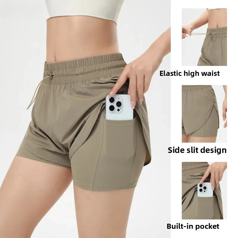 Women's High-waisted Athletic Shorts for Running, Yoga, Layered Design, Anti-exposure, Fitness, and Workout with Pockets