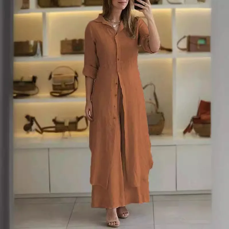 Elegant Women Long Pants Set Sping Autumn New Suit Full Sleeve Shirt Dress & Loose Wide Leg Trousers 2 Piece Sets Women Outfits