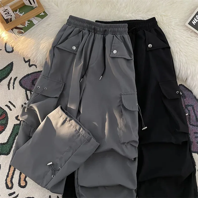 Y2K Baggy Punk Cargo Pants Women Vintage Streetwear Pocket Drawstring Trousers BF High Waist Korean Joggers Wide Leg Pants