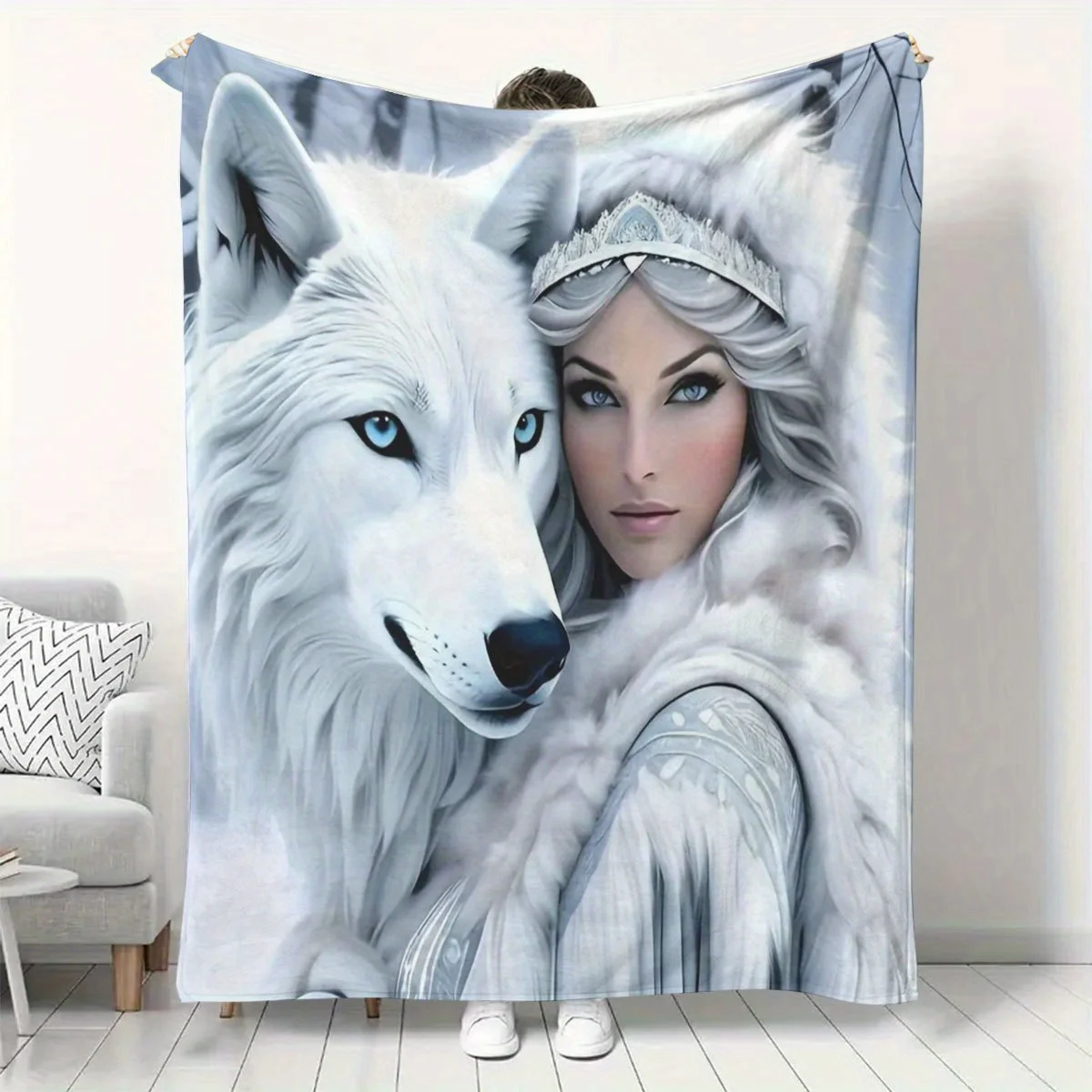 Teenage Wolf & Anime Girl Print Flannel Blanket - Soft Polyester, Warm & Cozy, Ideal for Sofa, Home Decor, Air Conditioning Use,