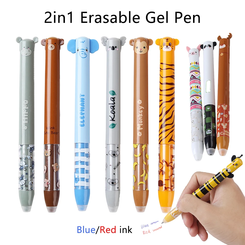 6/12 Unit/set 2 in 1 Creative Cartoon Animals Erasable Gel Pen Leon Panda 0.5mm Gel Pen for Writing School Supplies Wholesale