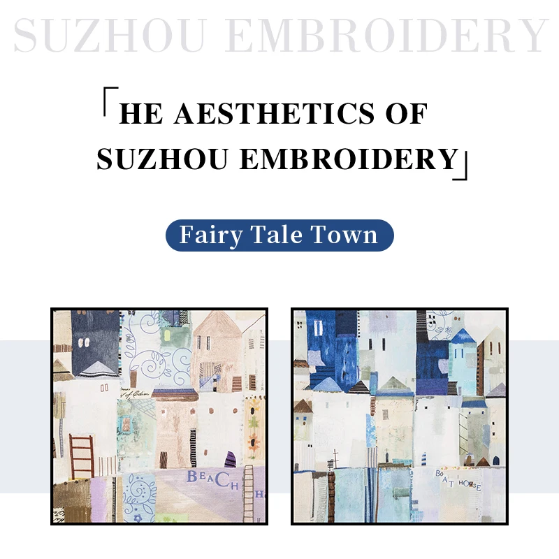 Fairy Tale Town Suzhou Embroidery 60x60 Size Two Paintings Room Decoration Embroidery Painting