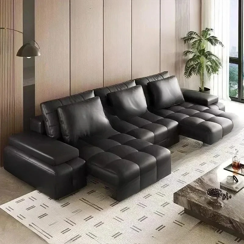 Lazy Convertible Sofa Bed Luxury Lawrence Genuine Leather Living Room Multifunctional Electric Sofa Straight Row Black Sleeper