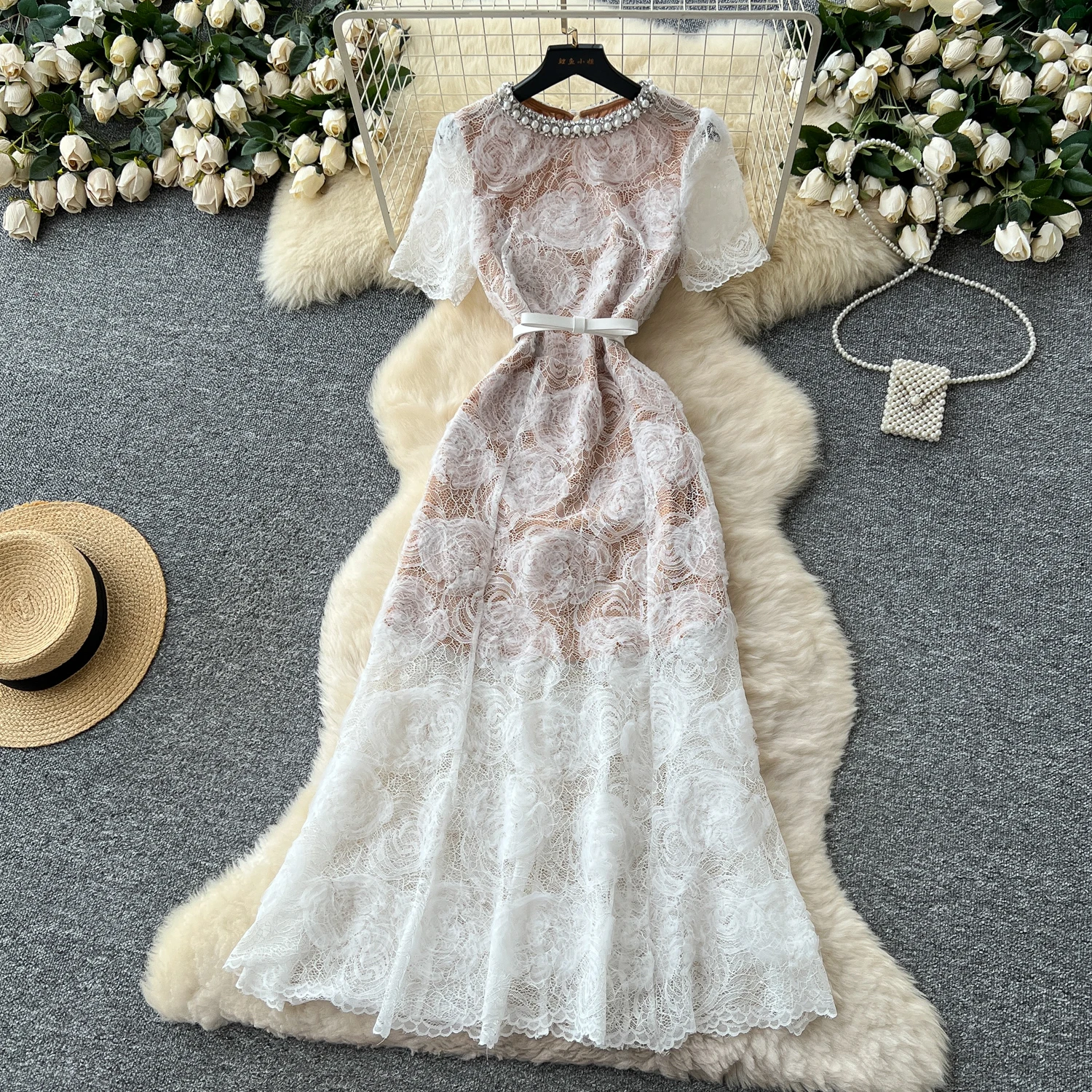 หรูหราชุดราตรีเย็บปักถักร้อยลูกไม้ชุดยาวผู้หญิงเพชรประดับ SHEER คริสตัลแขนสั้น MIDI Fishtail ชุด 2025