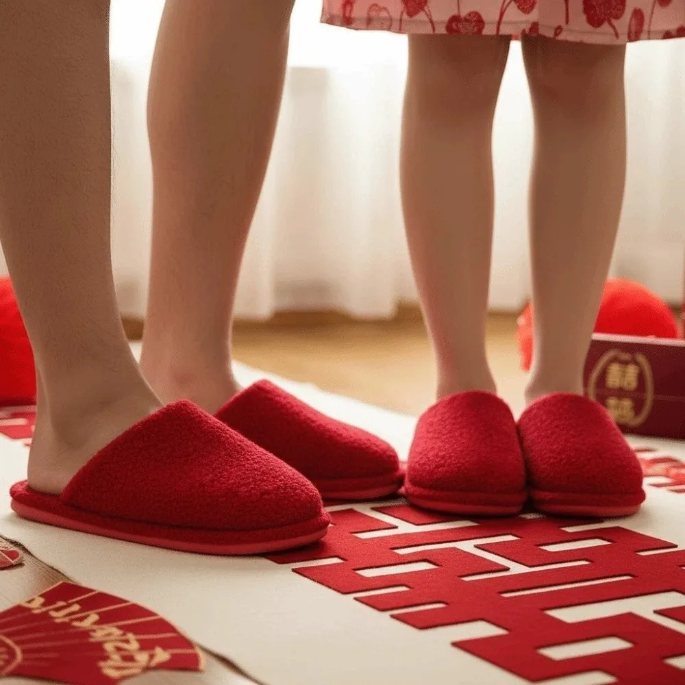 Casual Soft New Year Slippers Thickened PVC Red Cotton Slippers Solid Color Plush Home Cotton Shoes Couple