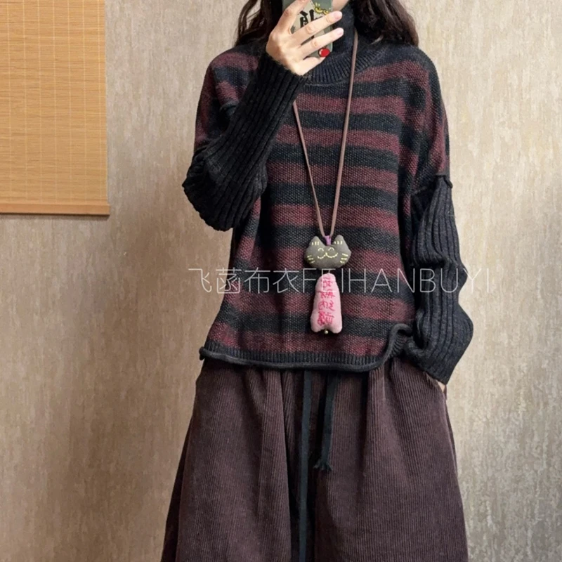 2025 New Arrival Autumn Winter Women Loose Turtleneck Long Sleeves Pullover Casual Vintage Striped Patchwork Knitted Sweater F79
