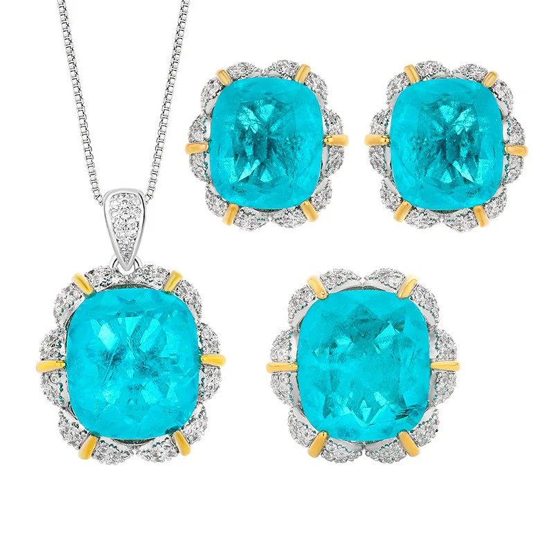 Lotus Paraiba Blue Crystal Jewelry Set for Women, Necklace Ring Earrings, Gold Plated Hypoallergenic Gift