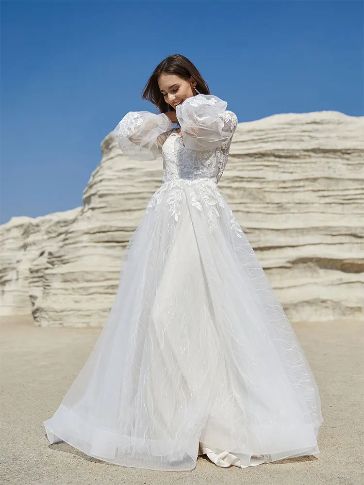 Luxury Wedding Dresses 2024 Long Sleeves Tulle Lace Appliques Backless Bridal Gown For Bride Party Gown