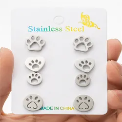 4Pairs/Lot Golden Stainless Steel Dog Paw Stud Earrings for Women Jewelry Cartoon Cat Footprint Earings Wholesale Pendientes