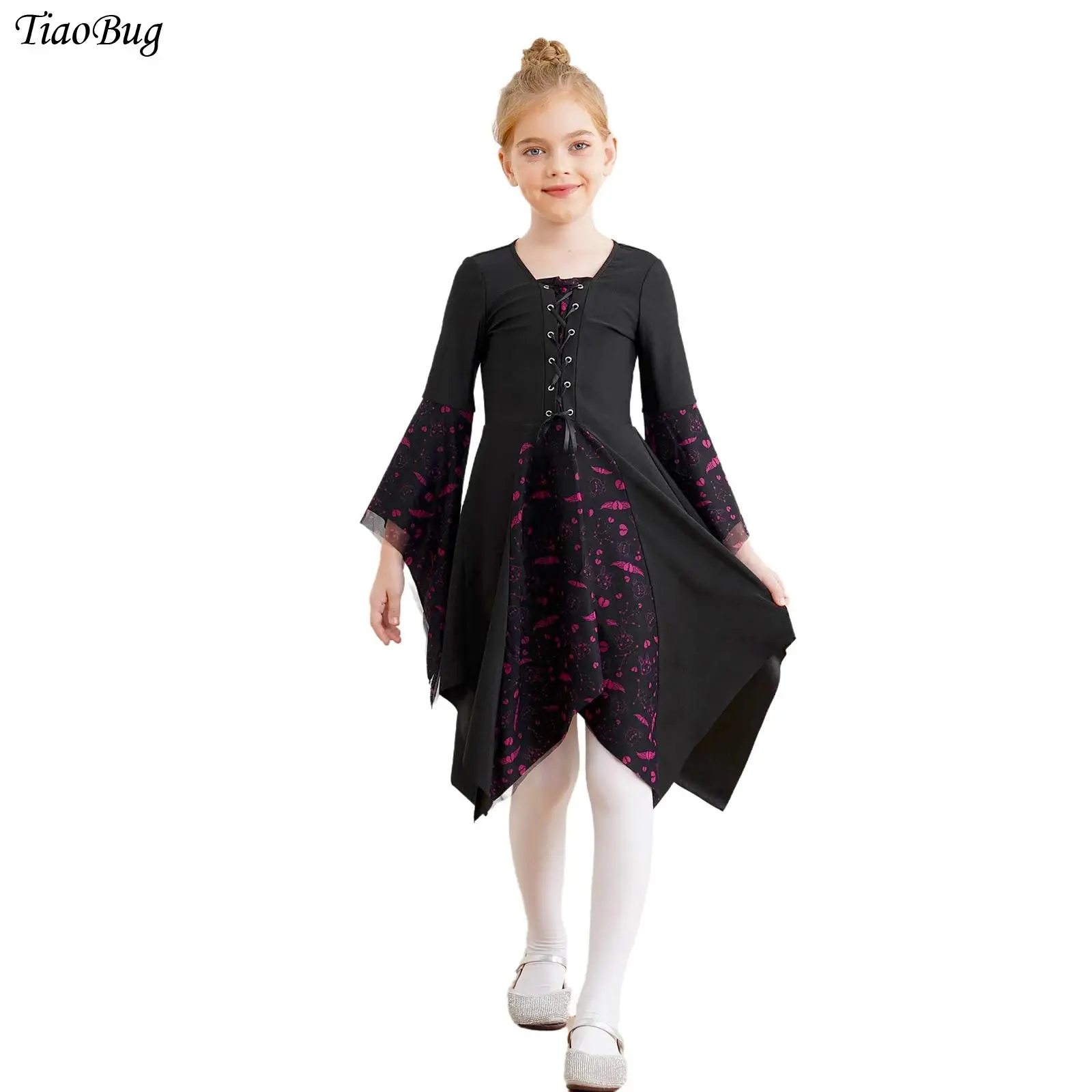 

Girls Medieval Renaissance Dress Gothic Gown Dress Lace-up 3/4 Sleeve Cartoon Print Short Dress Halloween Cosplay Party Costume