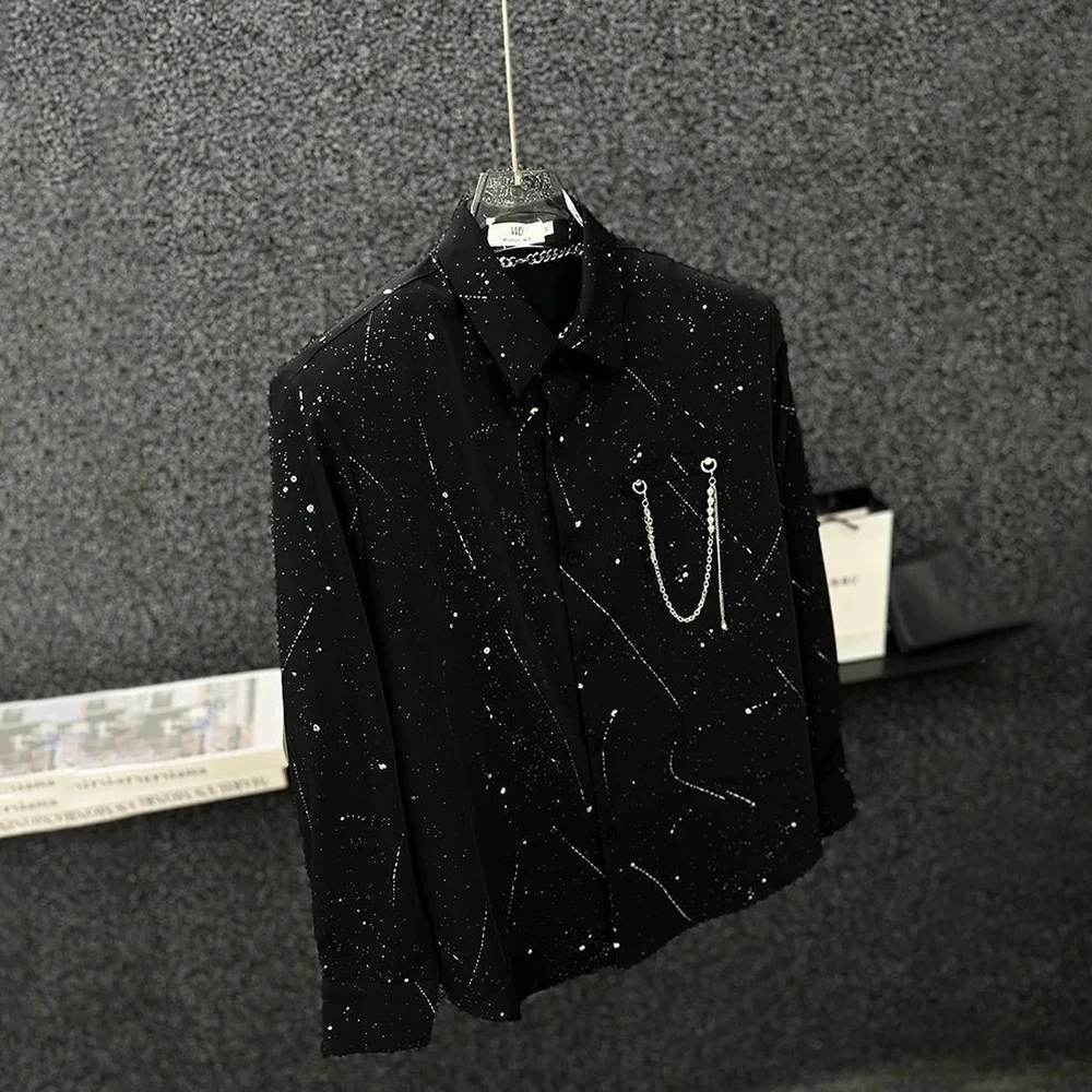 Camisa masculina corrente de metal céu estrelado camisa streetwear moda palco desempenho boate salão de baile manga longa topo roupas masculinas
