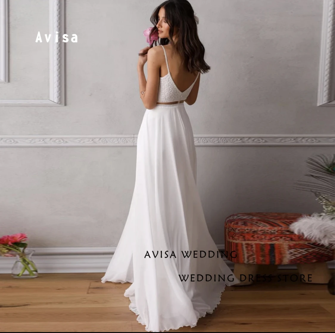 Vestidos de casamento simples Boho, Linha A, cintas de espaguete, sem encosto, sem mangas, elegantes vestidos de noiva, novo, 2 peças, 2024