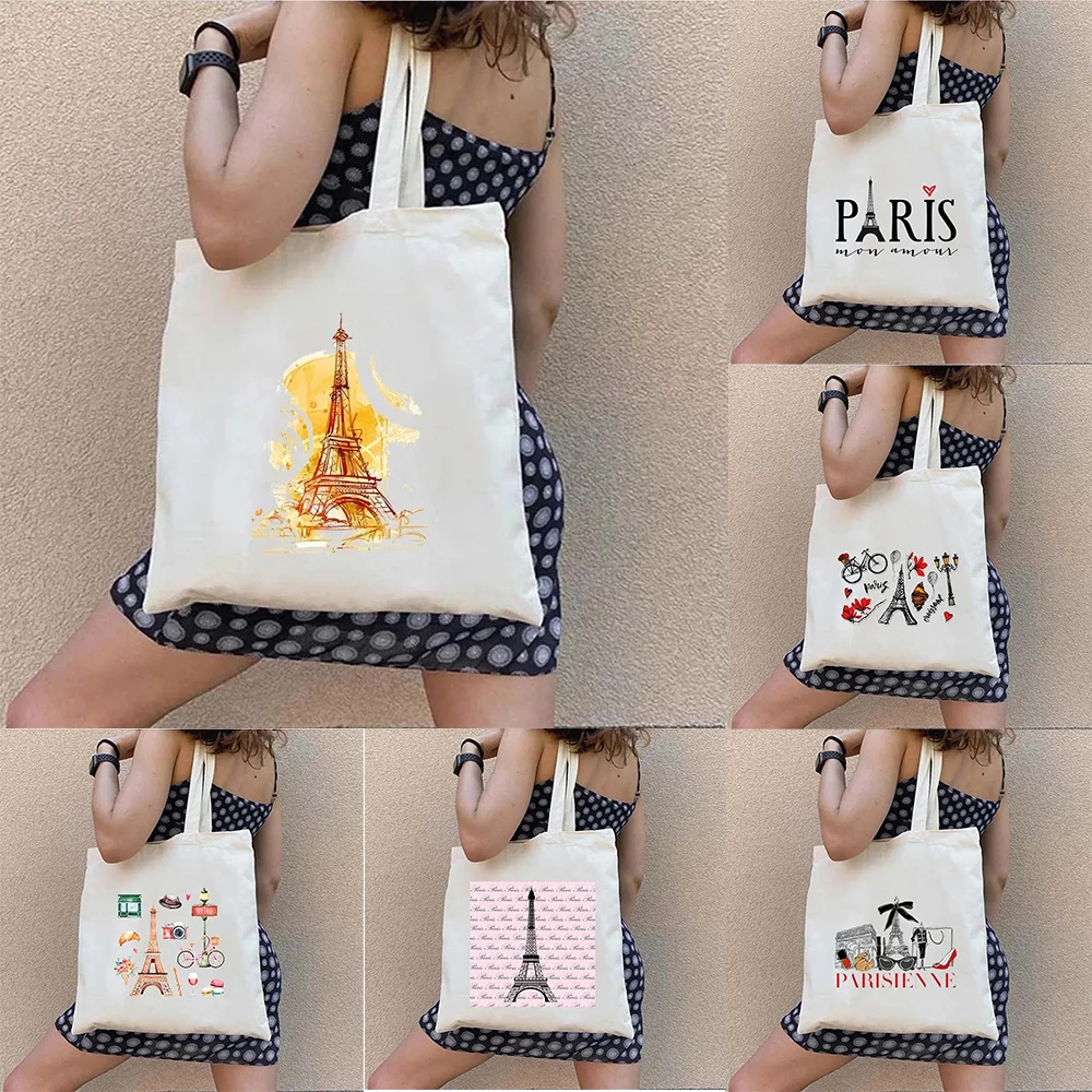 حقيبة كتف قماشية مطبوعة على شكل برج إيفل باريس، حقيبة كتف أنيقة ومتينة للتسوق اليومي والسفر #1