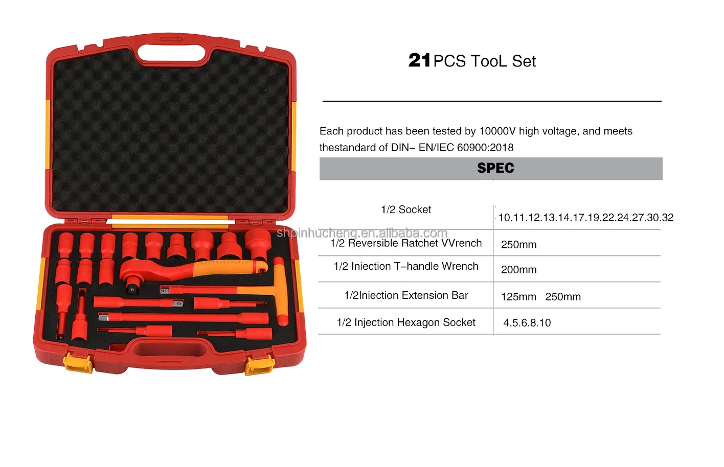 21pcs Auto Repair Tool VDE Insulated Hexagon Socket 1000V Long Rod Connecting Rod 1/2T Wrench