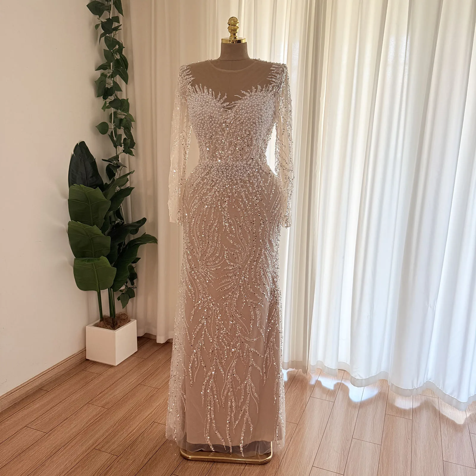 Eshault&bridal Beaded Mermaid Evening Dress Long Sleeve Pearls Formal Party Gown Robe De Soiree For Arabic Women Customized 2026