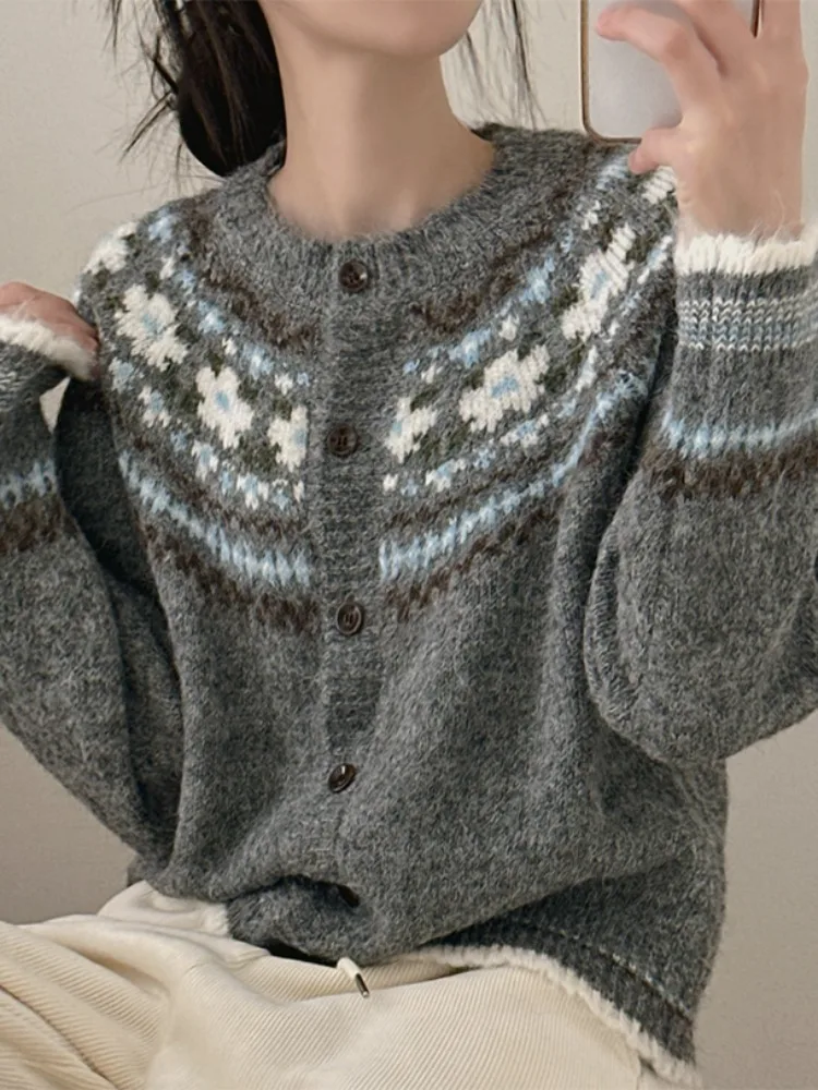

Retro Single-Button Fair Isle Knit Sweater Women's Long Sve Soft Versatile Winter Outerwear Floral Patterned Comfortable Fit