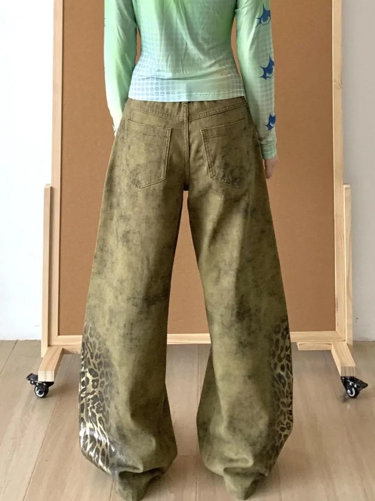 2025 Trend Y2K Style Vintage Leopard Baggy Women's Jeans Pants Straight Woman Clothing Punk Gothic Long Trousers Pantalon Femme