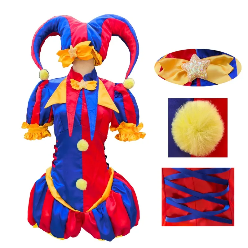 Disfraz de Cosplay de Anime, El Increíble Circo Digital, Uniforme de Dibujos Animados, Sombrero, Guantes, Fiesta de Halloween, Disfraz de Payaso para Mujeres y Hombres