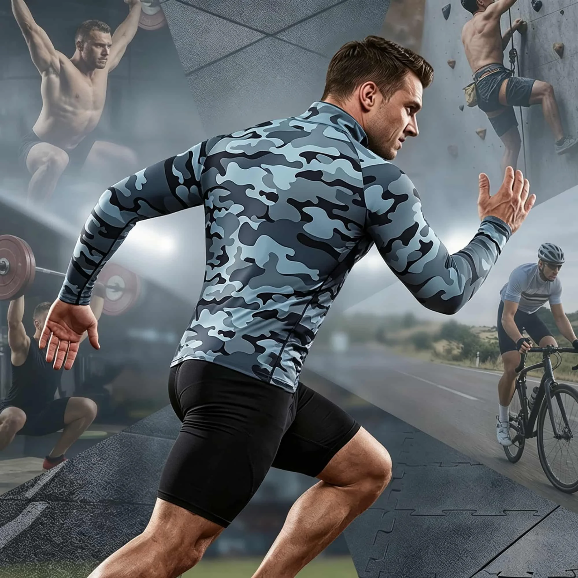 Men Camo Mock Neck Long Sleeve Compression Shirt Quick Dry Athletic Base Layer for Running Cycling Climbing Fitness Workout Tops