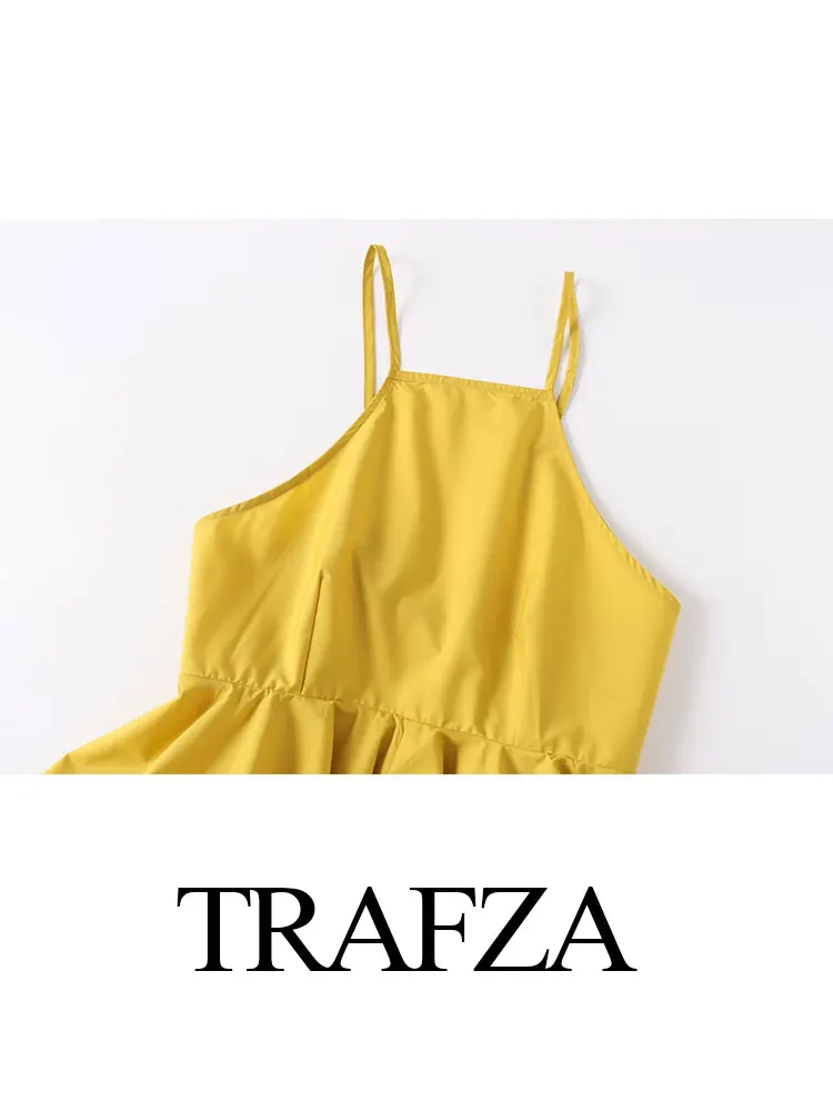 TRAFZA 2024 Summer Elegant Camisole Poplin Solid Yellow Off-shoulder Trendy Sleeveless Ruffle Halterneck Gentle Tank For Women