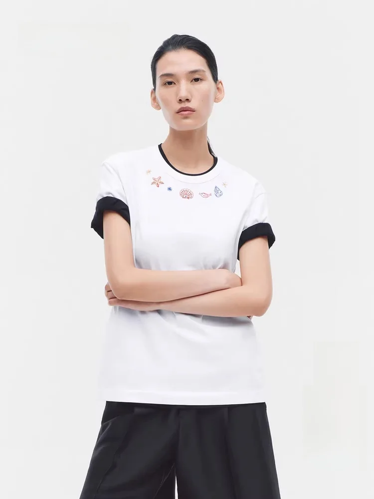 

Женская футболка EditionT с коротким рукавом, вышивкой в морском стиле, лето 2026, новинка, простой стиль, хлопок, повседневный топ