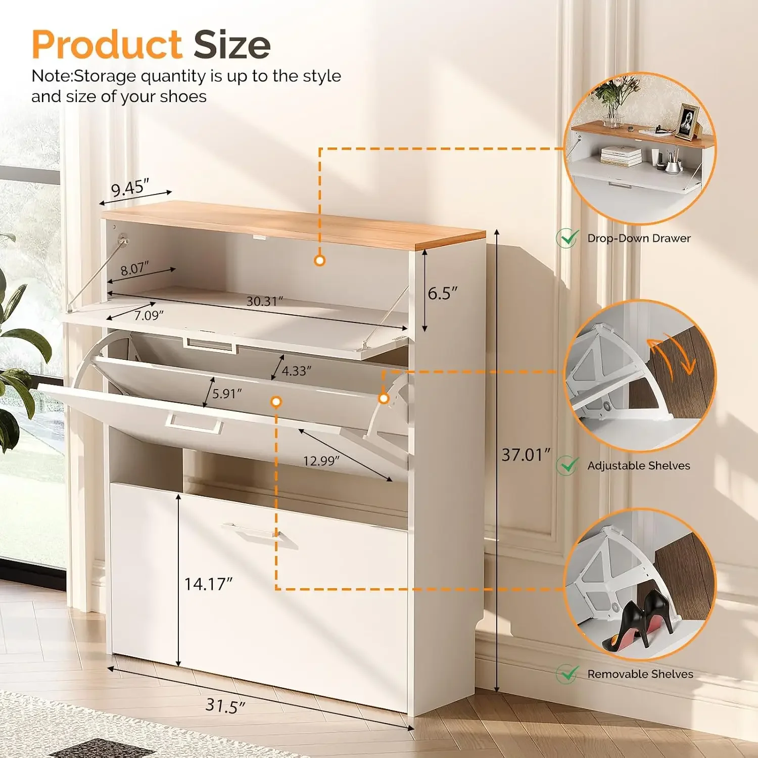 Shoe Cabinet for Entryway, Slim Shoe Rack Storage Organizer with 3 Flip Drawers, Modern White Hidden Shoe Shelf with, Custom