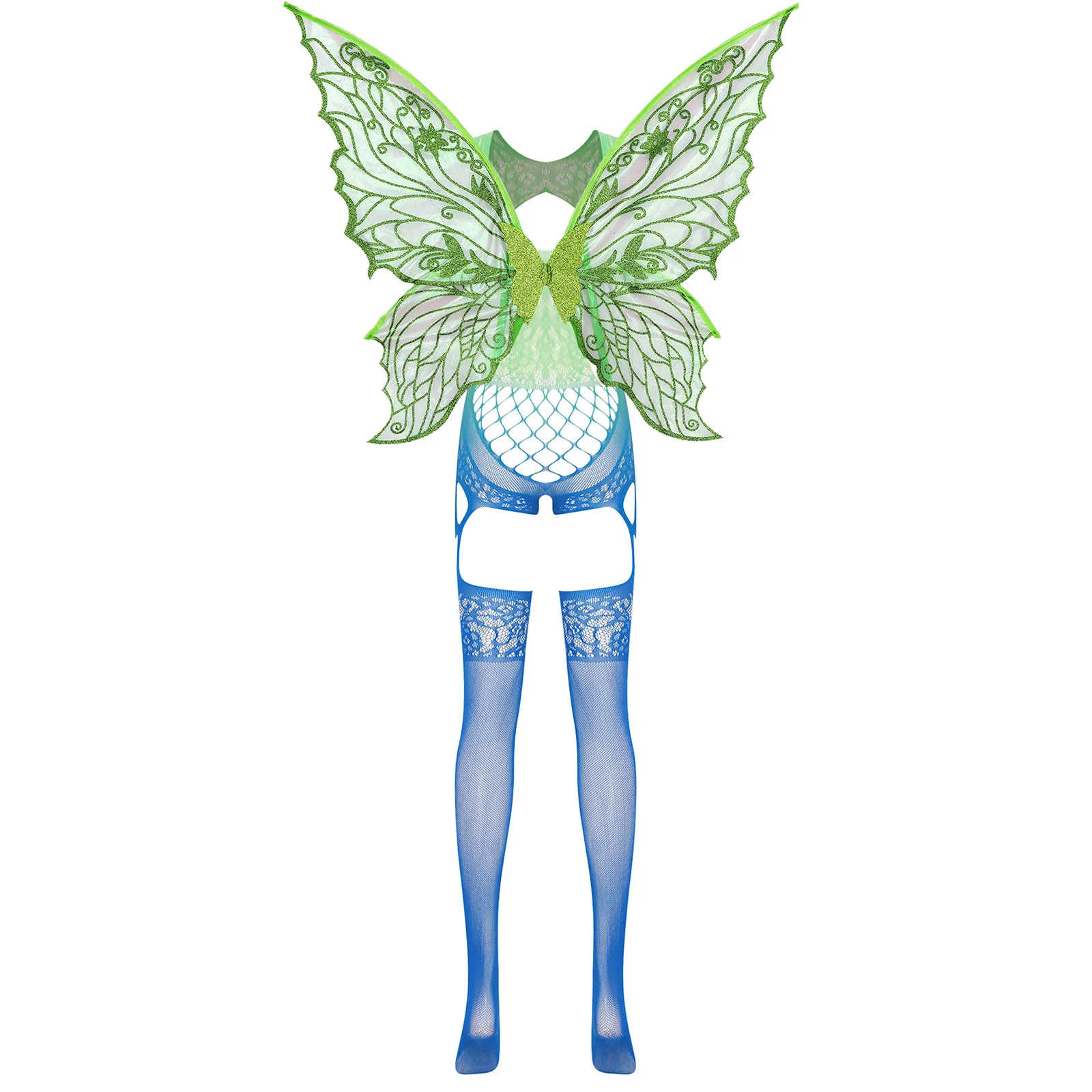 Traje de lingerie de fada feminino transparente fishnet sem mangas bodysuit com asas de borboleta oco para fora bodystockings nightwear