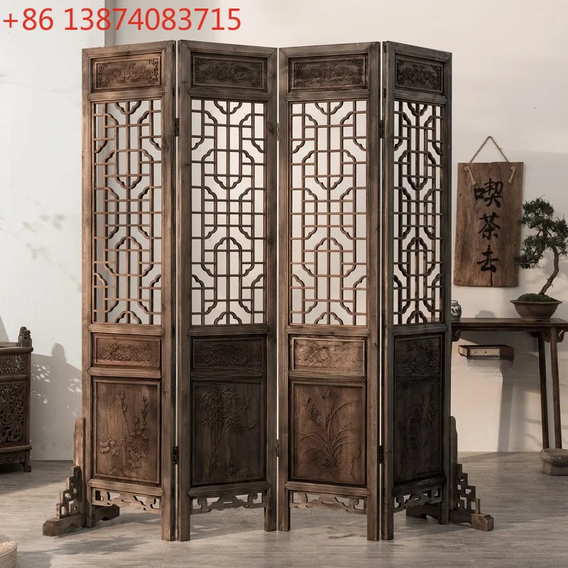 Chinese-style antique-style distressed screen, solid wood partition decoration, foldable movable floral screen design