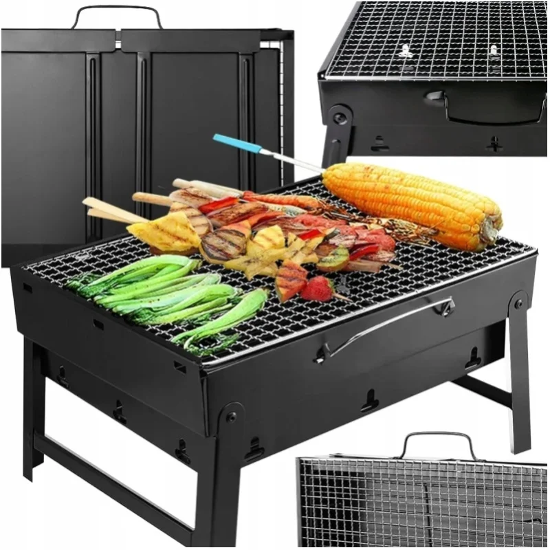 Przenośny grill na węgiel drzewny, składany, w formie walizki, do ogrodu, na kemping, z wzmocnionym żeliwnym rusztem, wyjmowaną kominkową komorą, ergonomicznym uchwytem, kompaktowy model 2024, idealny — 2
