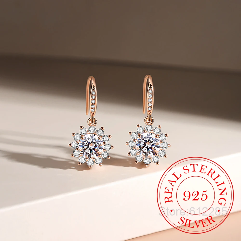 

925 Sterling Silver Jewelry Luxury Crystal Folower Tassel Drop Earrings for Women Wedding Party Jewelry For Girls Friend Gift